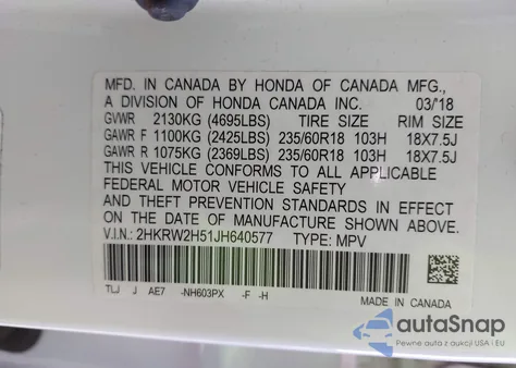 2018 Honda Cr-V Ex z USA, uszkodzony, nr VIN 2HKRW2H51JH640577